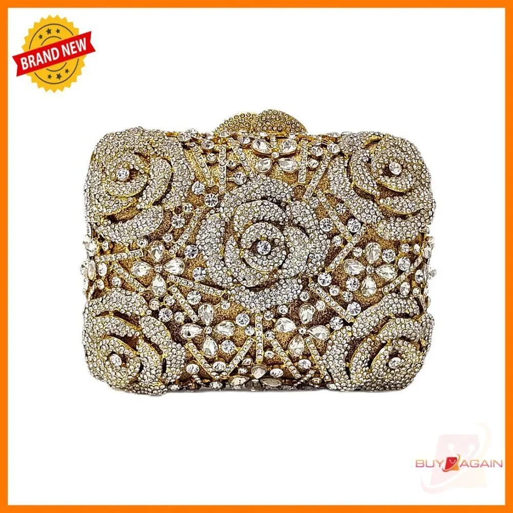 Rhinestone Rose Flower Clutch Evening Bag with Detachable Chain Wedding Formal